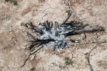 The ashes of a burned bonfire on cracked ground
