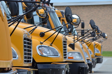 buses parked showing safety mirrors on front