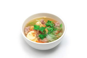 Pork Chops and tofu soup on white bowl on whitebackground