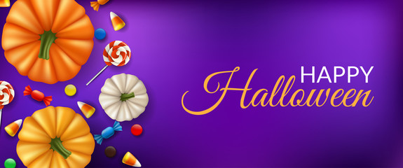 Halloween horizontal banner with autumn pumpkin from top view, lollipop and candy on purple background. Vector illustration for Halloween party design, or autumn template background