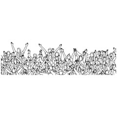 crowd of people cheering their favorite sport team on stadium vector illustration sketch doodle hand drawn with black lines isolated on white background.