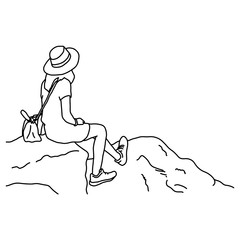 back view of woman with hat looking at copyspace on the top of the mountain vector illustration sketch doodle hand drawn with black lines isolated on white background