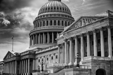 Empty black and white exterior view of the US Capitol Building in Washington DC, USA © lazyllama