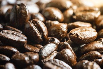 Roasted coffee beans close up. Background texture.