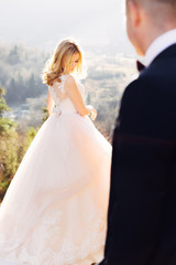 back view of bride with hairstyle on a background of mountains.