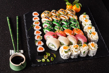 sushi set on the black background