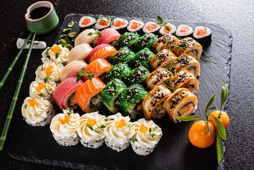 sushi set on the black background