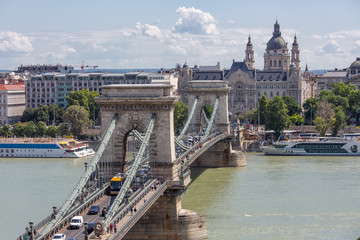 View at Budapest with St. Stephen Basilica and chain bridge