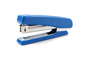 blue stapler with staples wires on white background.