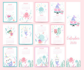 Fototapeta na wymiar Doodle pastel animal calendar set 2020 with mermaid,caticorn,narwhale for children.Can be used for printable graphic.Editable element