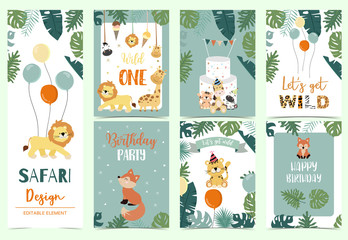 Green animal collection of safari background set with lion,fox,giraffe,zebra,balloon vector illustration for birthday invitation,postcard,logo and sticker.Wording include wild one,wild and free © piixypeach