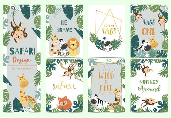 Green collection of safari background set with lion,monkey,giraffe,zebra,geometric vector illustration for birthday invitation,postcard,logo and sticker.Wording include wild one,wild and free © piixypeach