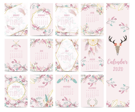 Doodle pastel boho calendar set 2020 with feather,gold geometric,wild,flower,leaves for children.Can be used for printable graphic.Editable element