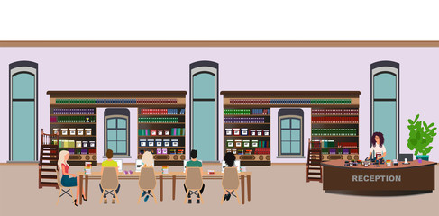 Fototapeta premium Vector of a modern library interior and people sitting inside