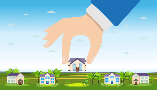 Vector of a hand picking up a house.