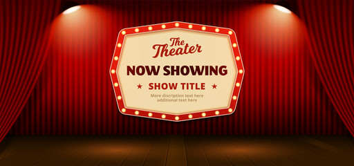 Now Showing retro classic sign board background design. red theater stage curtain backdrop with wooden floor base and double bright spotlight lamp vector illustration. poster banner template.