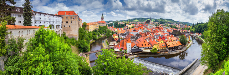 Fototapeta na wymiar City landscape, panorama, banner - view over the historical part Cesky Krumlov with Vltava river in summer time, Czech Republic