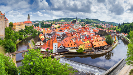 City landscape, panorama, banner - view over the historical part Cesky Krumlov with Vltava river in summer time, Czech Republic
