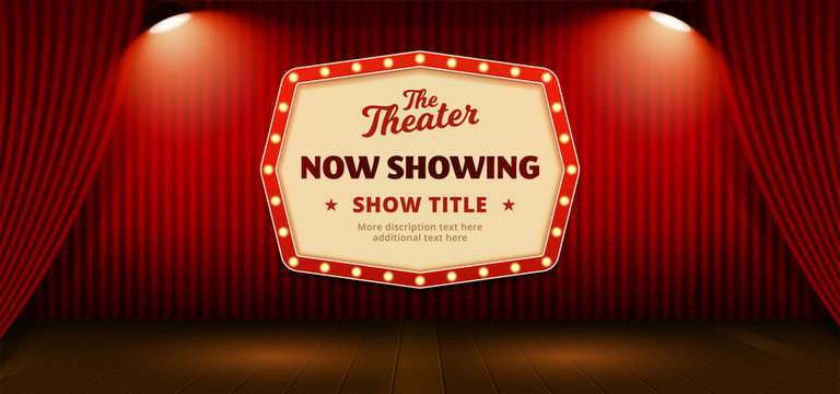 Now Showing Retro Classic Sign Board Background Design. Red Theater Stage Curtain Backdrop With Wooden Floor Base And Double Bright Spotlight Lamp Vector Illustration. Poster Banner Template.