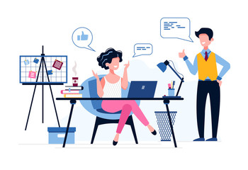 Happy female office worker. The boss praises his employee. Like icon. Good job. Successful Businesswoman. Vector illustration. Office work concept. Personal Assistant to the Managing Director.