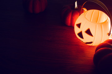spooky halloween holiday season greeting party with pumpkin lamp lantern on the night