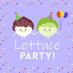 Vector illustration of two cute kawaii lettuces holding hands and wearing party hats. Lettuce Party. Cute food pun concept.