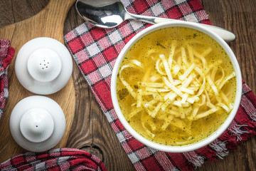 Broth - chicken soup in a bowl.