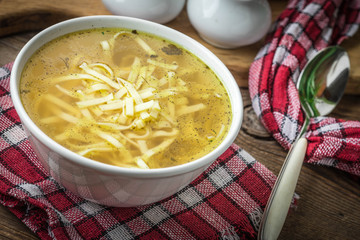 Broth - chicken soup in a bowl.