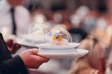 Catering and haute cuisine concept. Snacks, waiter, food.