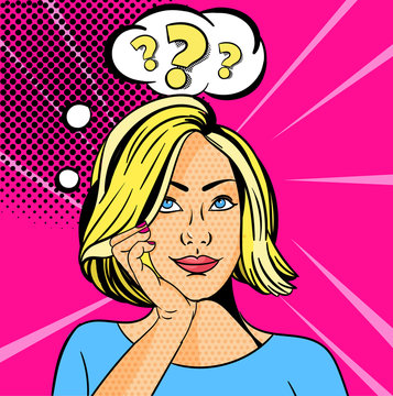 Young girl or woman with a question mark. Pop art vector illustration