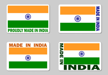 Made in India label sticker, vector set. Merchandise tag with Indian flag