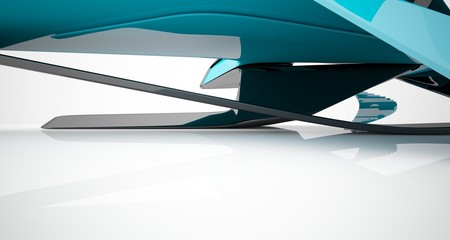 Abstract smooth architectural blue and black gloss interior of a minimalist house with large windows. 3D illustration and rendering.