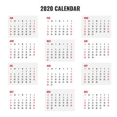 Calendar 2020 template. Calender design. Creative and simple layout. Colorful English collection. Week starts on Sunday