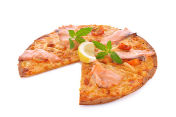 Pizza smoked salmon and lemon on white background