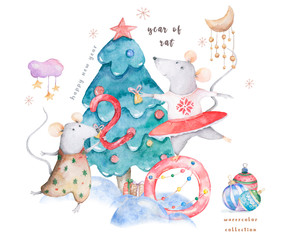 Cute watercolor cartoon rats and spruce tree. Watercolor hand drawn animals illustration. New Year 2020 holiday drawing illustration. Symbol 2020Merry Christmas gift card. Greeting postcard