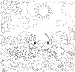 Funny caterpillar and small ant friendly talking on a glade of a forest on a pretty summer day, black and white vector illustration in a cartoon style for a coloring book