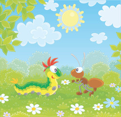 Funny colorful caterpillar and brown ant friendly talking on a green glade of a forest on a pretty summer day, vector illustration in a cartoon style
