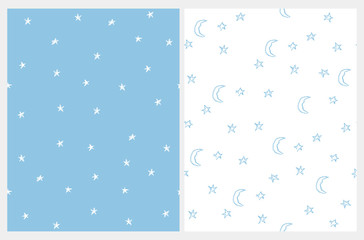 Cute White Tiny Stars Vector Patterns. White Stars Isolated on a Blue Background. Blue Stars and Moons Drawn on a White. Starry Abstract Sky. Simple Pastel Color Nursery Art Ideal for Fabric, Print.