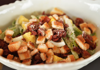 Fresh fruits salad and ham with egg