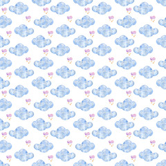 light blue watercolor clouds pattern seamless on white background Hand drawn illustration