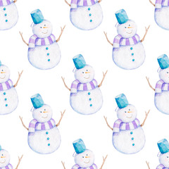 Watercolor seamless christmas pattern with cute snowman on white background. Hand drawn illustration on white background