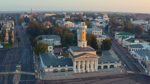 Scenic aerial view of the Fire tower in historical center of ancient town Kostroma in Russian Federation. Beautiful summer look of old building in old part of capital of russian province