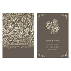 Wedding  Invitation  and save the date card baroque style. Size: 5" x 7". Vintage  Pattern. Retro Victorian ornament. Frame with flowers elements. Vector illustration.
