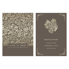 Wedding  Invitation  and save the date card baroque style. Size: 5" x 7". Vintage  Pattern. Retro Victorian ornament. Frame with flowers elements. Vector illustration.