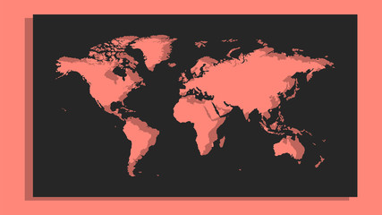 Picture from cut out silhouette of world map. Background in color vibrant coral with shadow. Template option for use in an industrial interior.