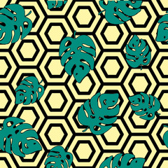 Print summer exotic jungle plant tropical palm leaves. Pattern, seamless floral vector on the black white geometric background. Nature wallpaper