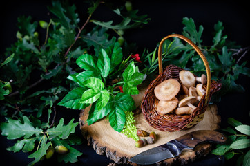 honey mushrooms in a small basket on a pine hemp