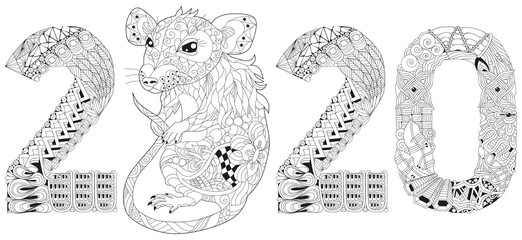 Zentangle stylized rat number 2020. Hand Drawn lace vector illustration
