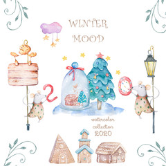 Cute watercolor cartoon rats and spruce tree. Watercolor hand drawn animals illustration. New Year 2020 holiday drawing illustration. Symbol 2020 Merry Christmas gift card. Greeting postcard