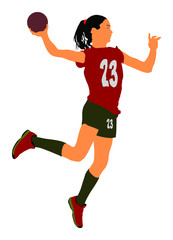 Fototapeta na wymiar Lady handball player in action vector illustration isolated on white background. Woman handball player hit ball in goal net. Sport girl jumping in the air. 